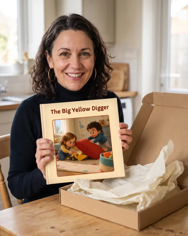A mother unboxes her child’s printed TellMeStories book
