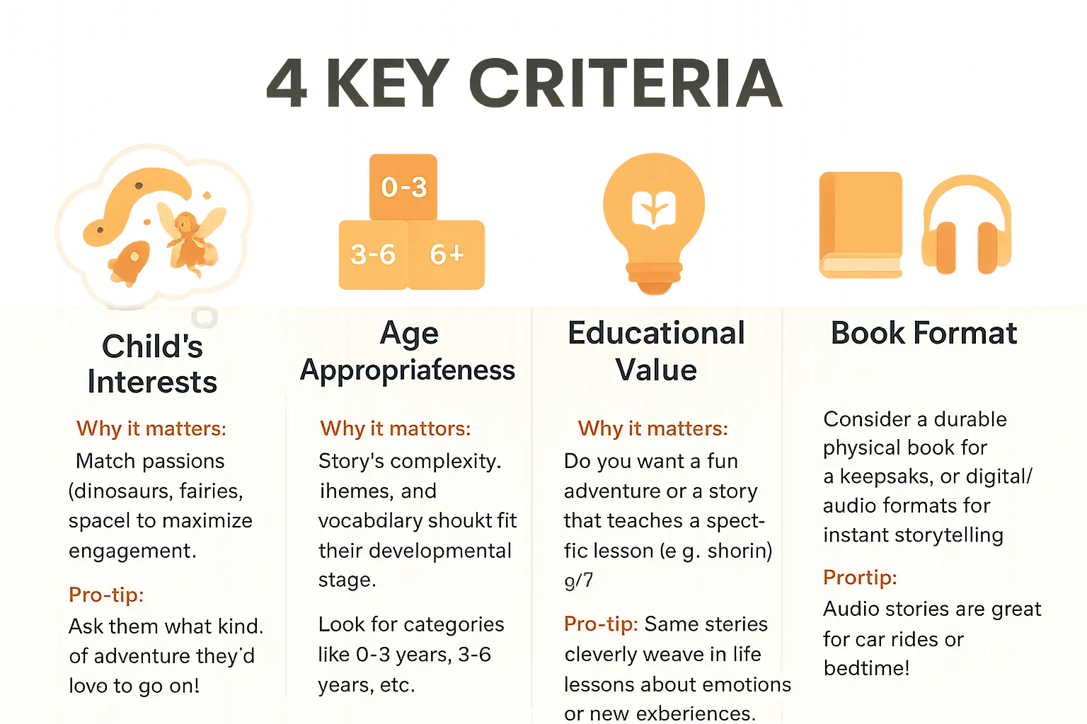 Decision-making guide showing four essential criteria for selecting personalized children's books: matching child interests, age appropriateness, educational value, and format considerations for optimal reading experience
