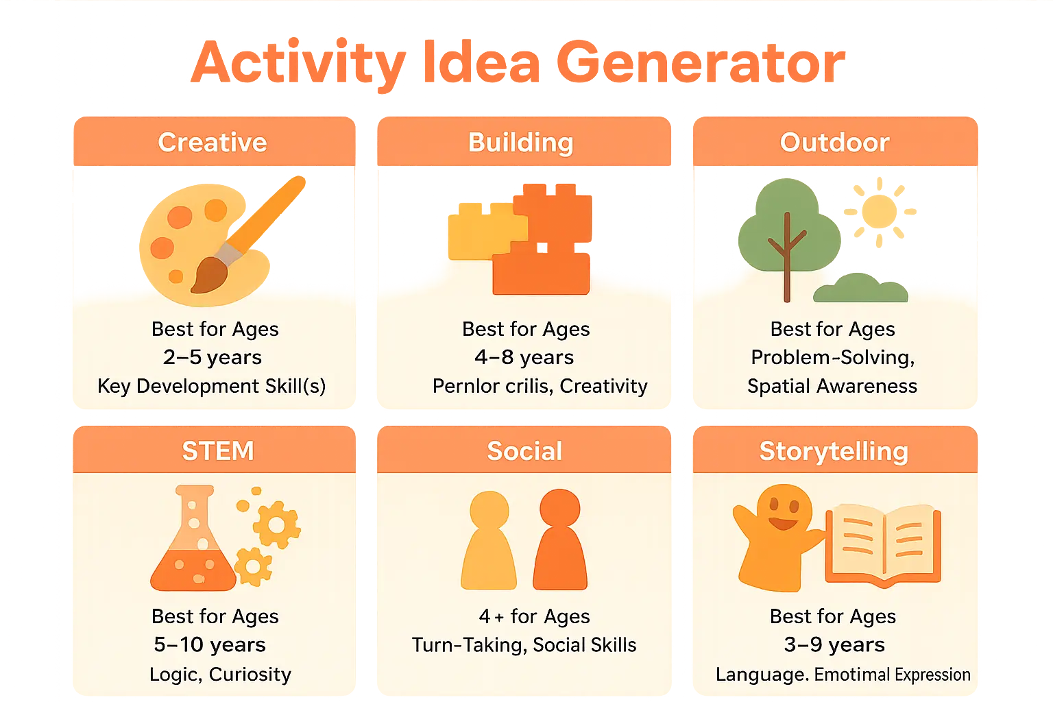 Professional infographic displaying Activity idea generator infographic showing <strong>child development benefits</strong>: painting for motor skills, block building for spatial awareness, outdoor scavenger hunts for observation, science experiments for curiosity, board games for social skills, and storytelling for emotional expression with clear visual elements, educational content about kids activities, and research-backed benefits for child development