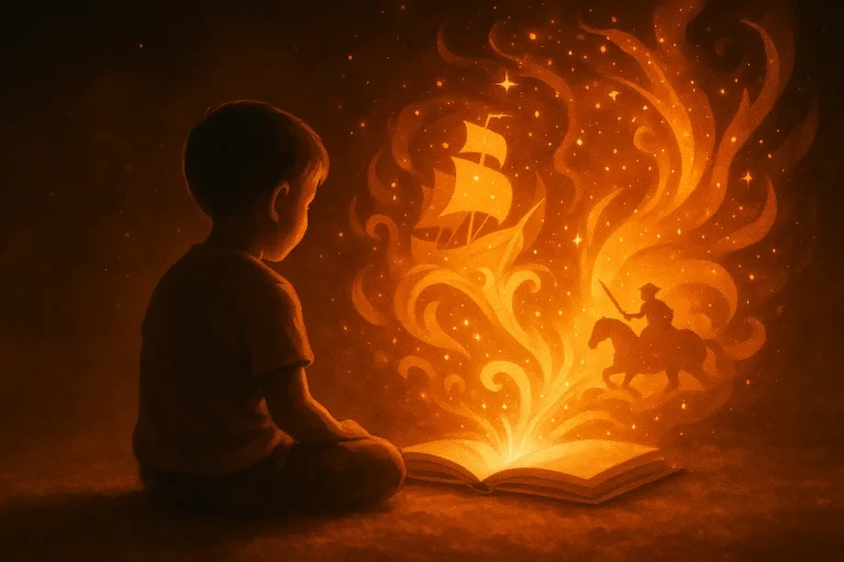 Young child sitting cross-legged reading magical glowing storybook with golden adventure scenes floating above including pirate ship and hero character, representing personalized children's book experience that transforms kids into story protagonists