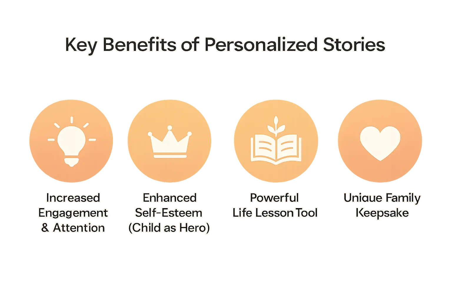 Professional infographic displaying Child holding a personalized storybook with their name on the cover with clear visual elements, educational content about story for kids, and research-backed benefits for child development