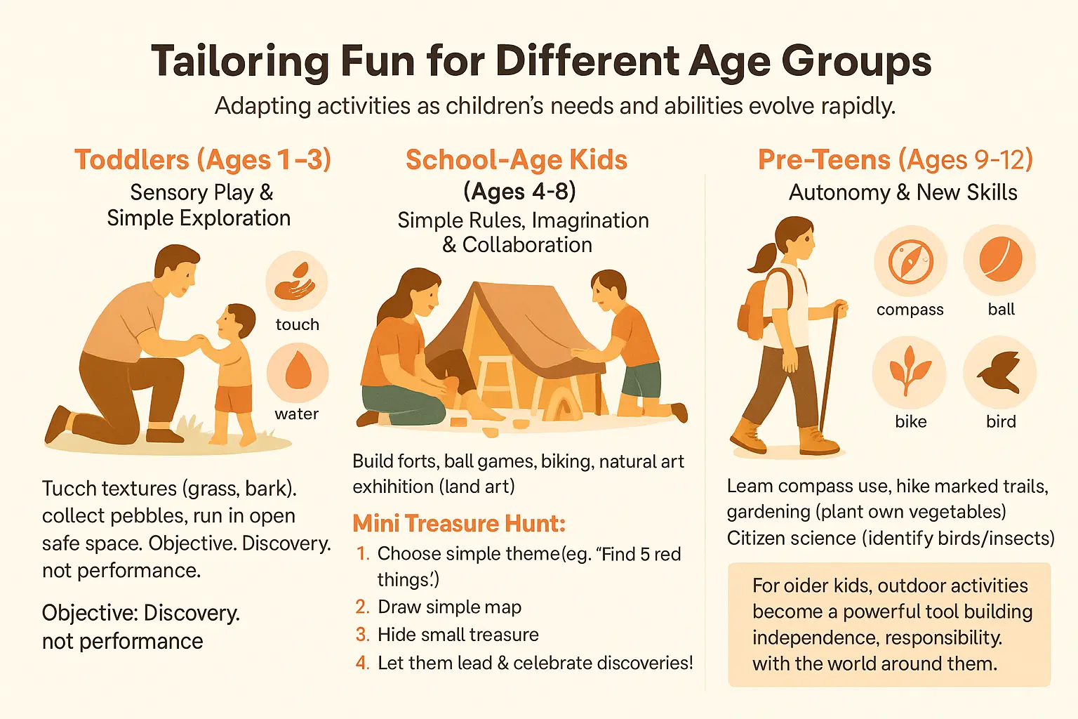 Educational visual about Outdoor activities tailored by age group related to outdoor activities for kids with professional design and engaging content for parents