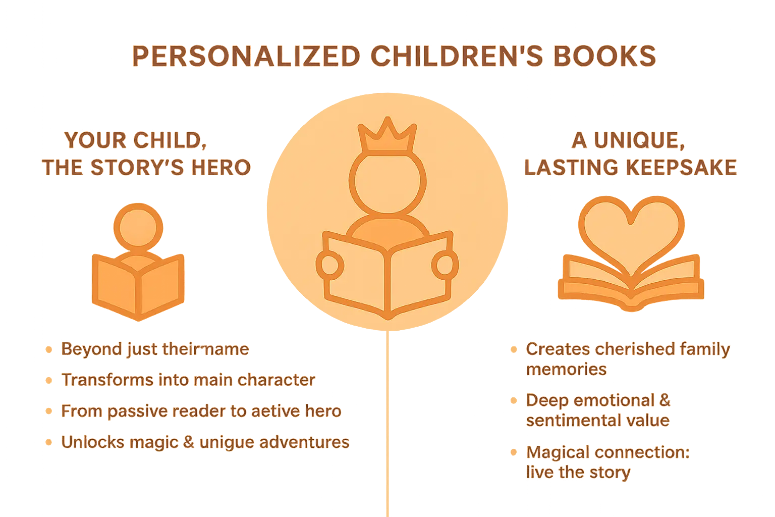 Infographic showing three key benefits of personalized children's books: child as story hero, unique lasting keepsake, and emotional connection through customized storytelling