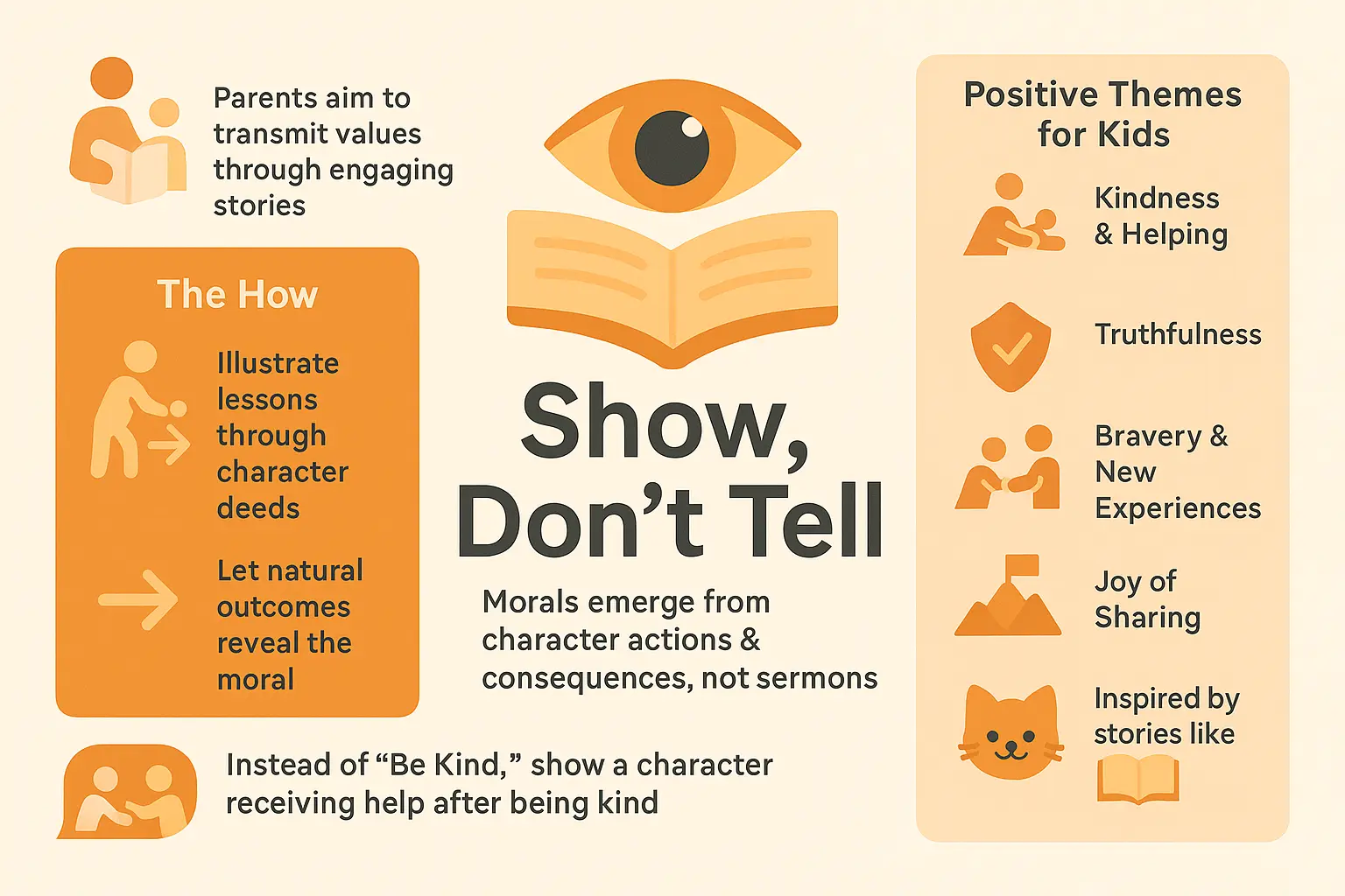 Educational visual about Illustration of a kitten learning kindness through actions related to short story for kids with professional design and engaging content for parents