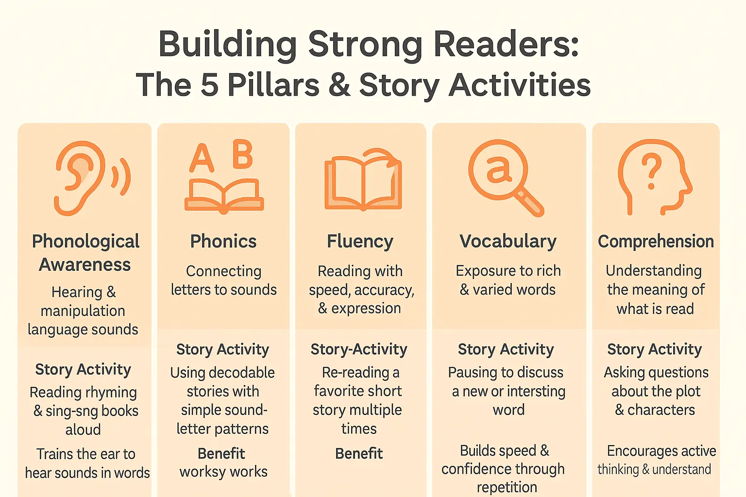 Educational visual about Visual representation of the five pillars of reading matched with story activities related to learning to read stories with professional design and engaging content for parents