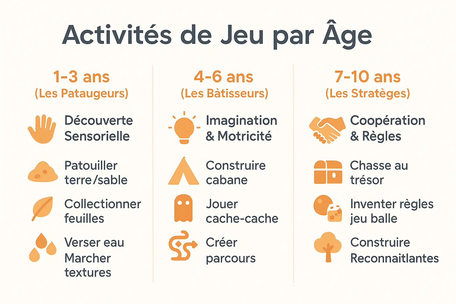 Illustration des activités extérieures par âge : un enfant de 2 ans jouant dans le sable, un enfant de 5 ans construisant une cabane et un enfant de 8 ans cherchant un trésor dans la nature