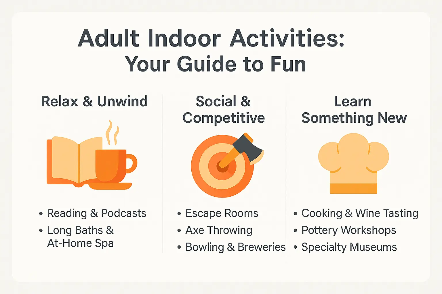Adults enjoying indoor activities like a spa, escape rooms, and quirky museums