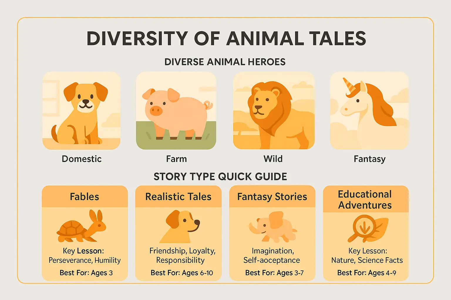 Diverse animal characters in storytelling