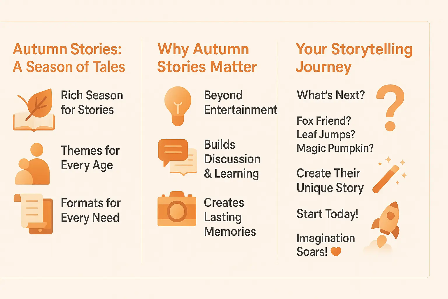Autumn stories for kids infographic showing seasonal themes and storytelling ideas