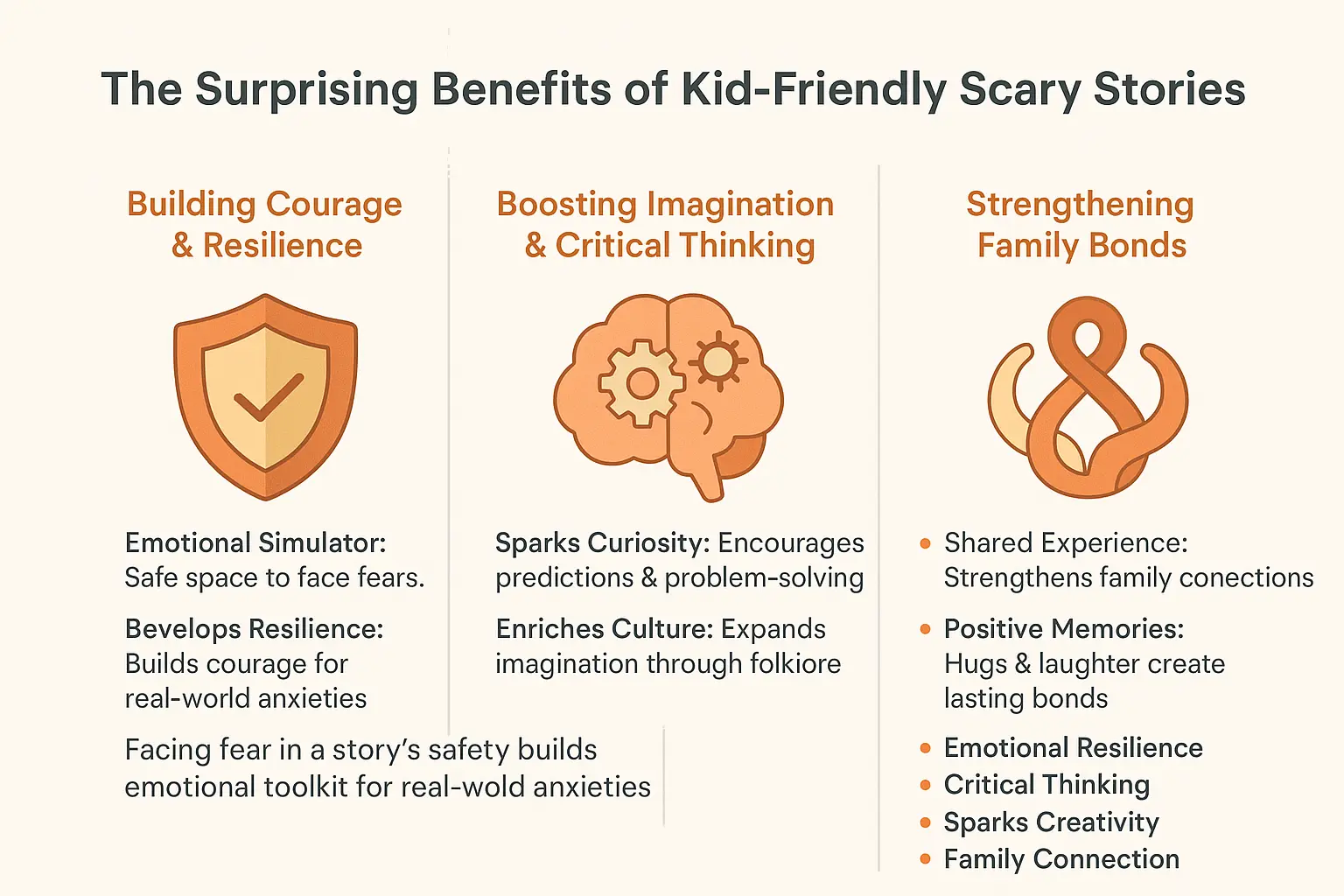 Professional infographic displaying Benefits of kid-friendly scary stories with clear visual elements, educational content about mystery stories for kids, and research-backed benefits for child development