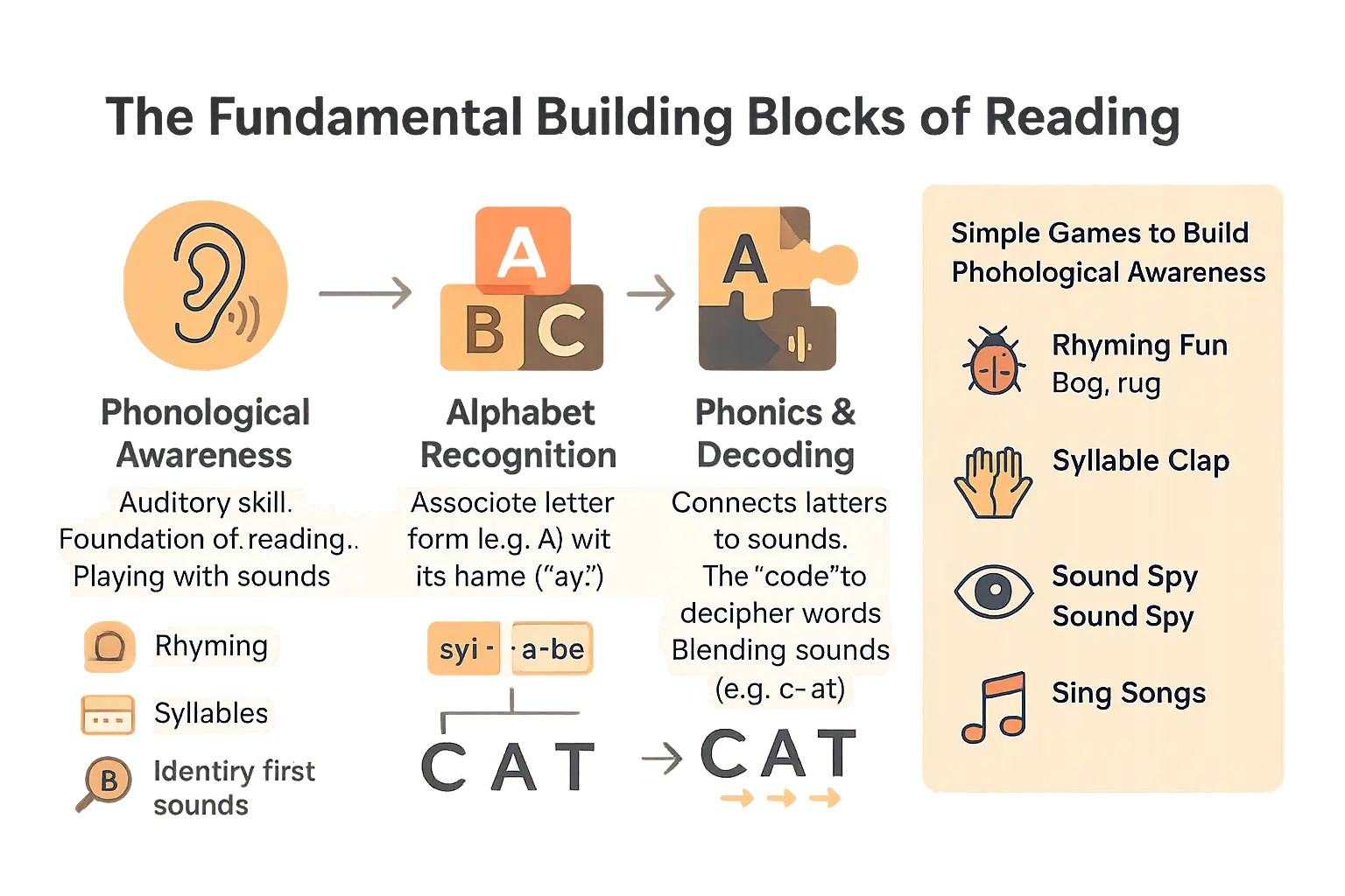 Cracking the Code: Fun Ways to Help Kids Learn to Read 2 Visual breakdown showing phonological awareness, alphabet knowledge, and phonics as foundational reading skills
