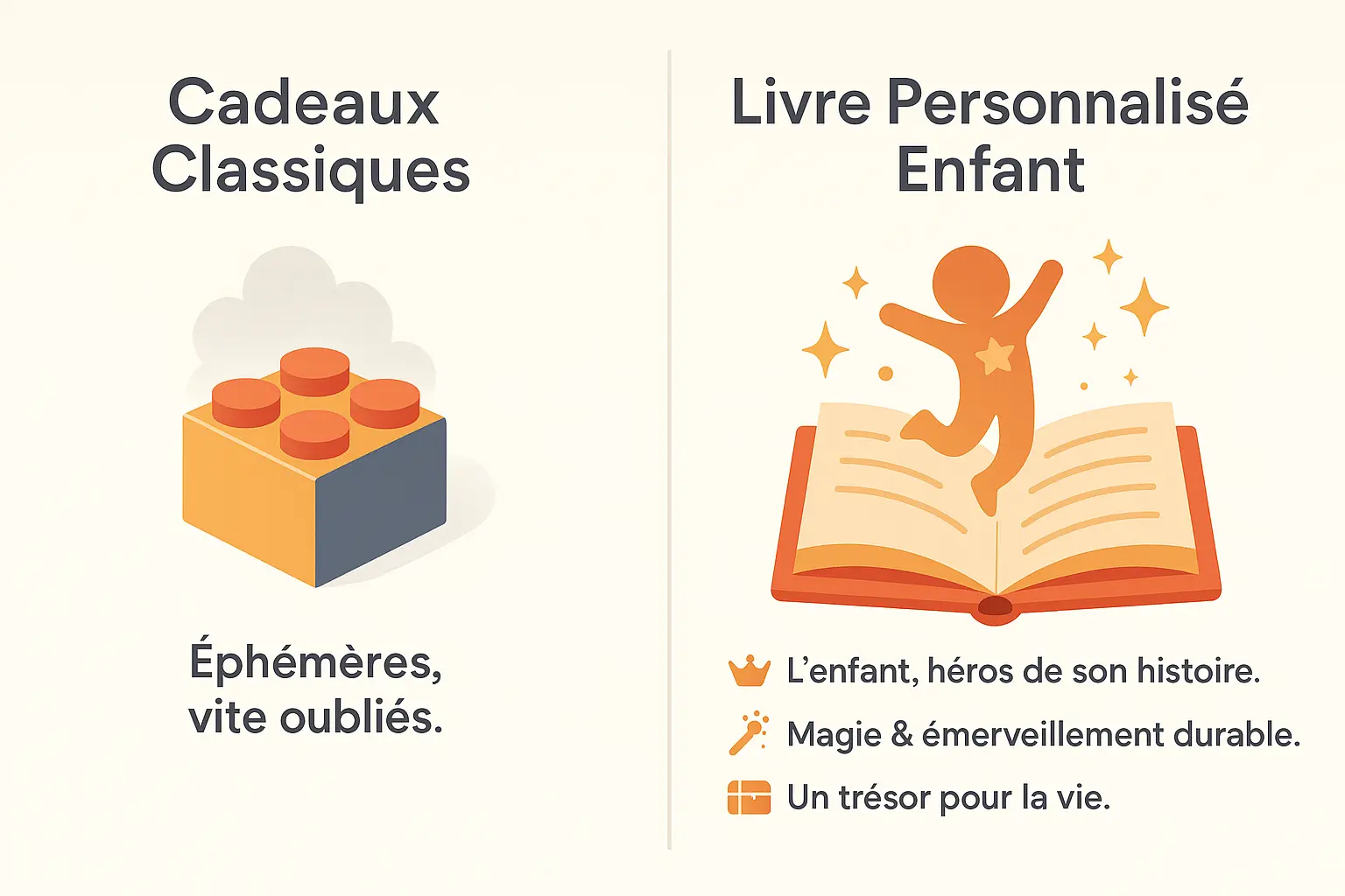 Transforme ton enfant en héros de son histoire 🦸♂️ 1 Comparaison entre cadeaux classiques et livres personnalisés