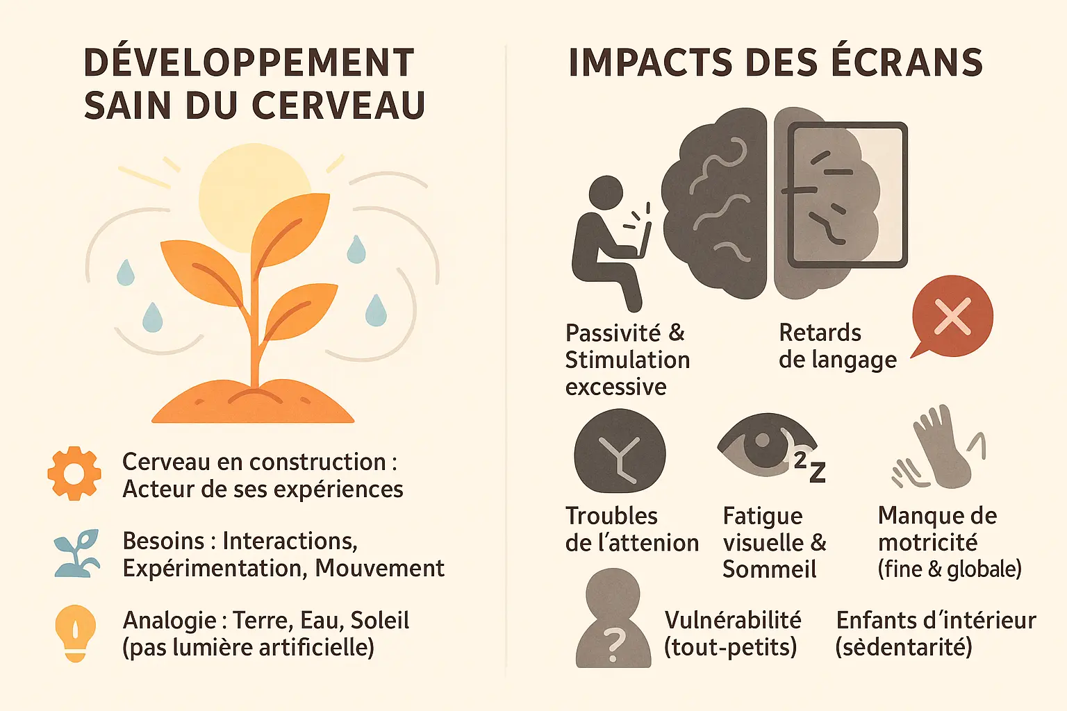 Schéma comparatif du développement cérébral sain vs impacts des écrans