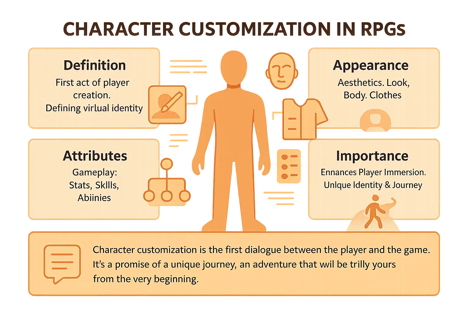 Character customization infographic showing RPG character creation options