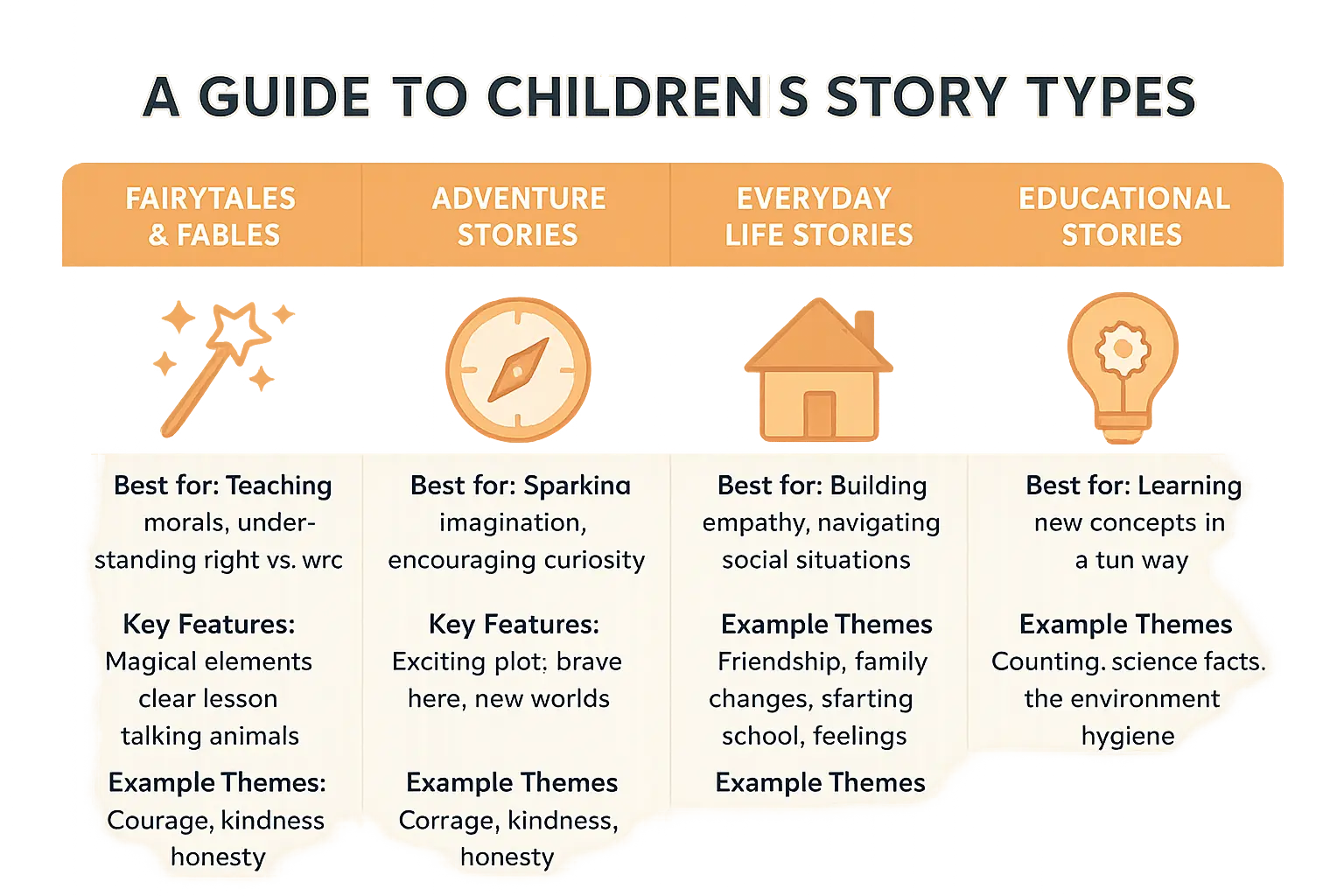 Illustration of different story types for children
