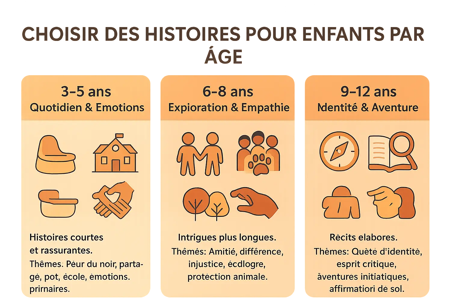 Découvre le conte moderne enfant : ton enfant héros 🧚 5 Illustration montrant des enfants de différents âges lisant des livres adaptés à leur tranche d'âge