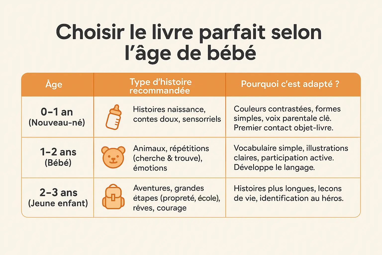 Tableau choix livre bébé par âge