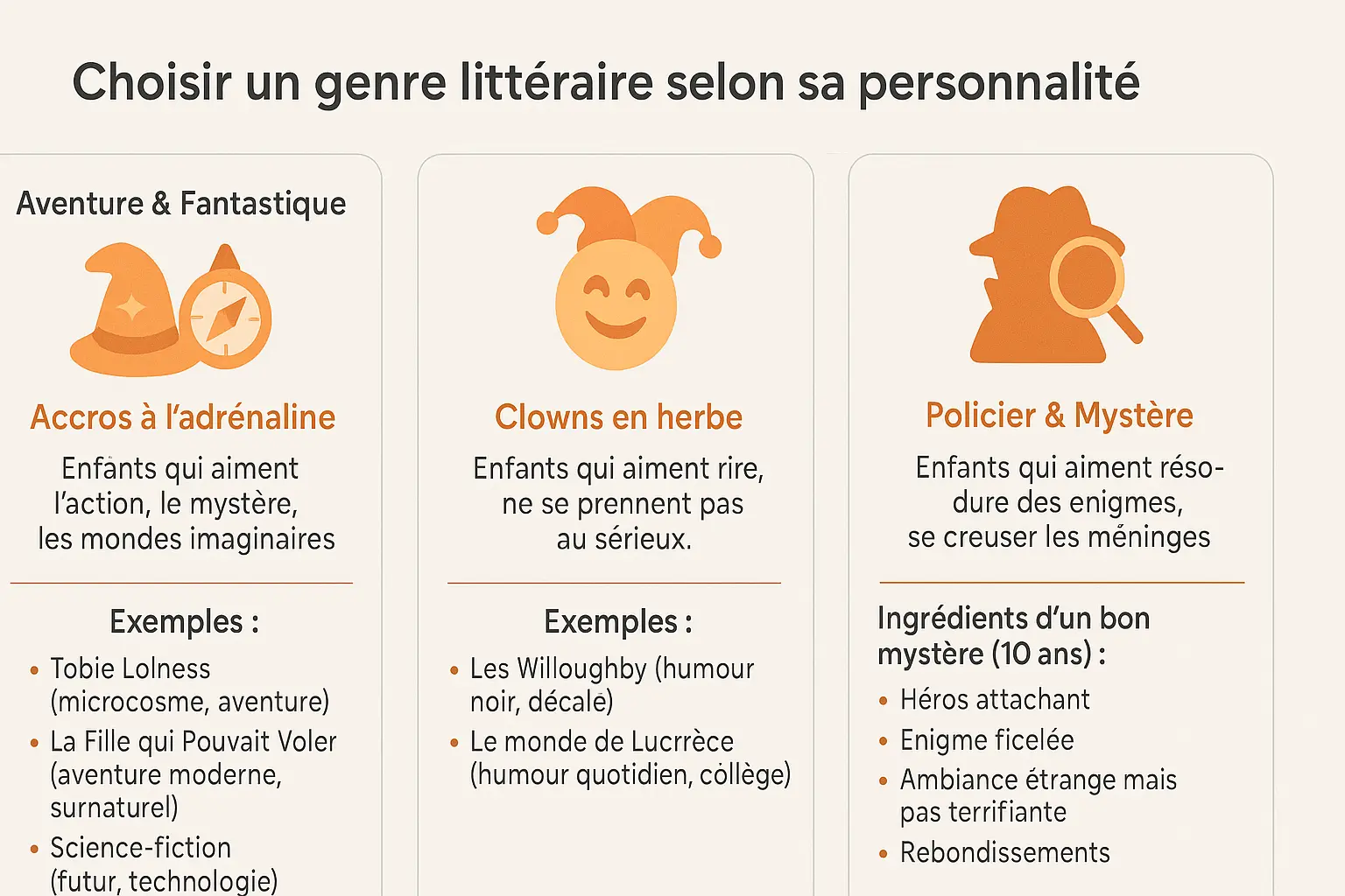 Illustration des différents genres littéraires pour enfants