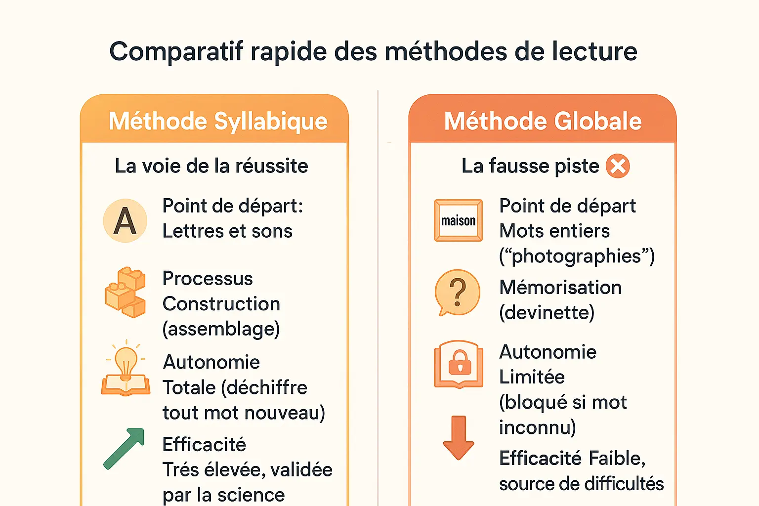 Comparatif visuel des méthodes syllabique et globale