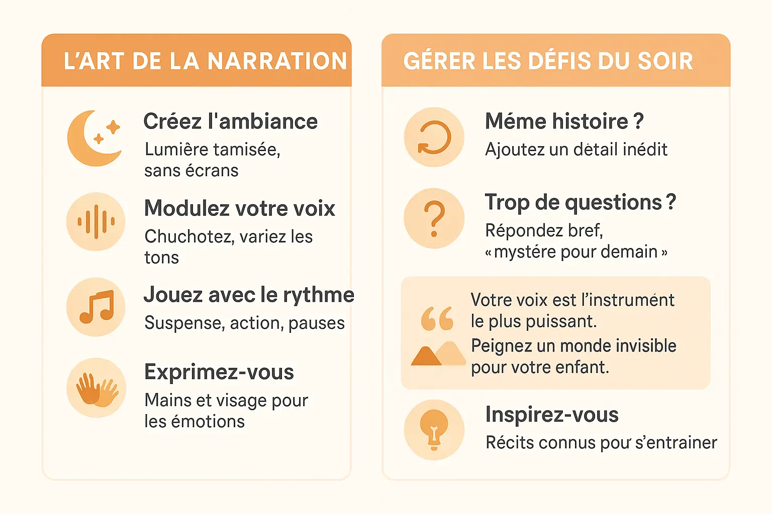 conseils pour la narration et defis du soir