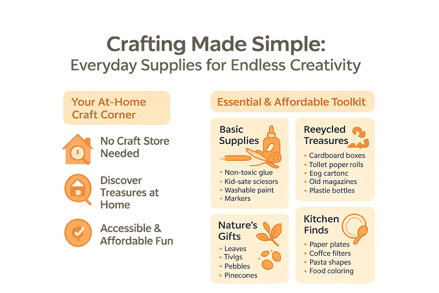 Simple craft supplies like cardboard, paint, and natural items arranged on a table