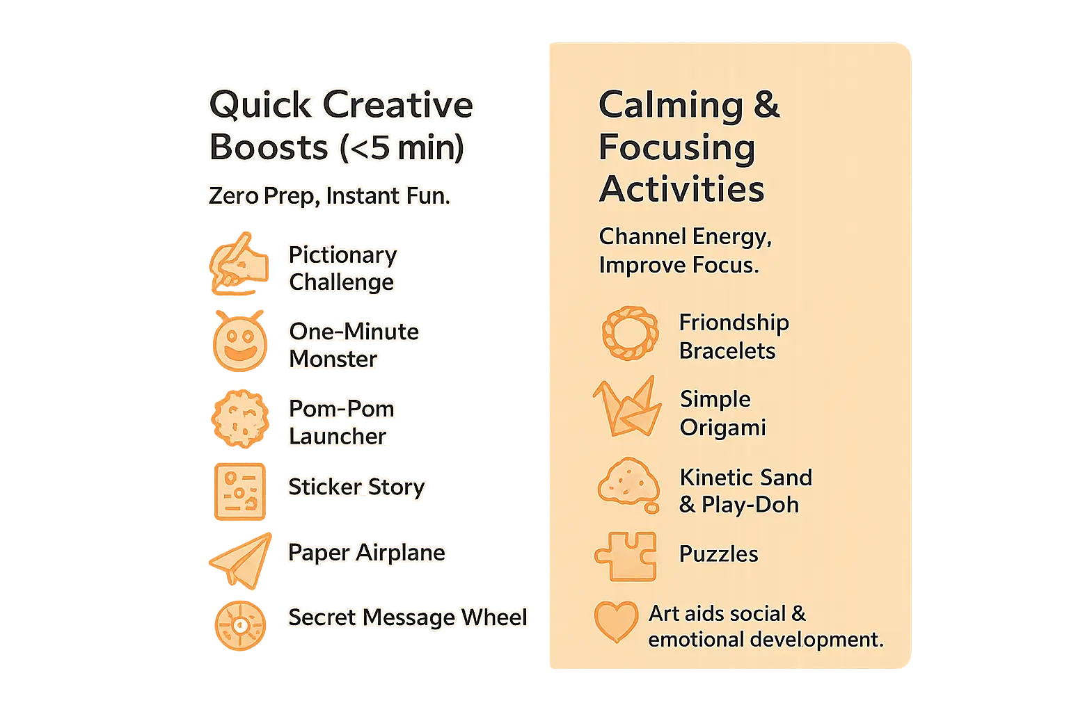 Creative boosts and calming activities infographic