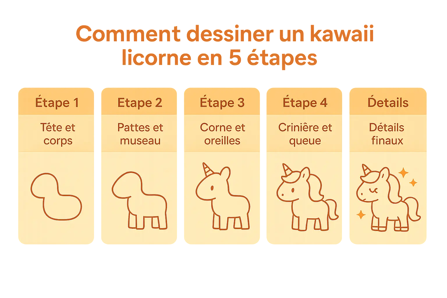Dessin d'une licorne kawaii en 5 étapes