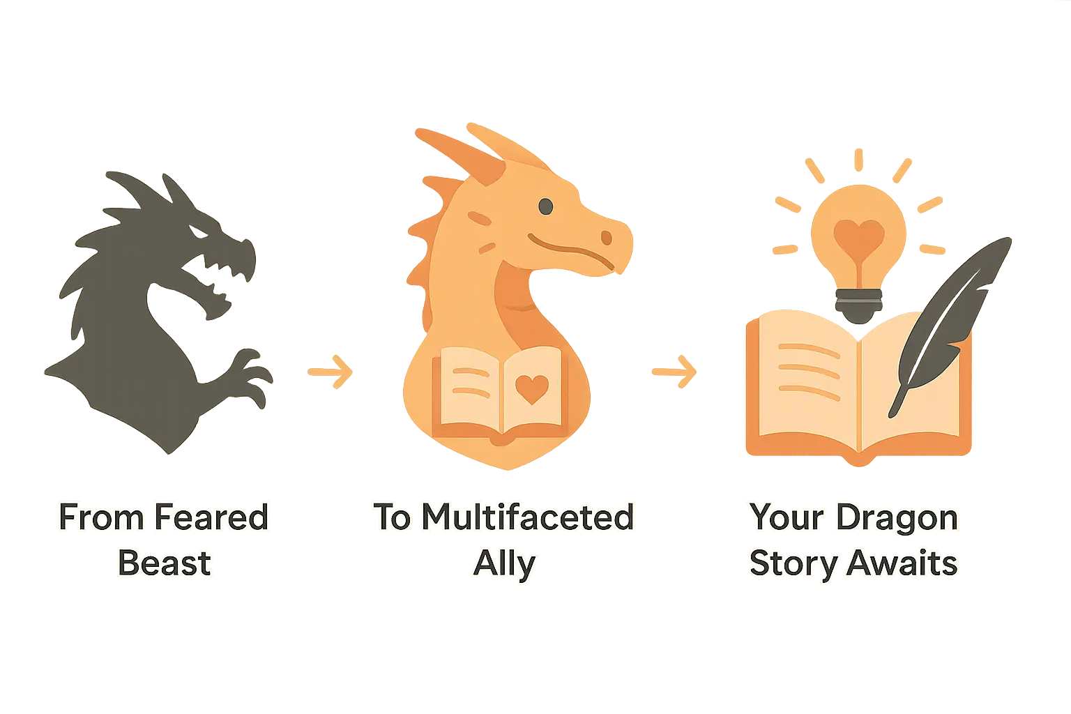 A dragon soaring over a vibrant fantasy landscape, symbolizing its evolution from foe to ally