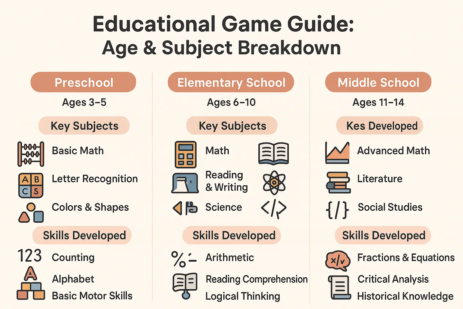 Educational visual about Educational Game Guide by Age and Subject Breakdown related to educational games with professional design and engaging content for parents