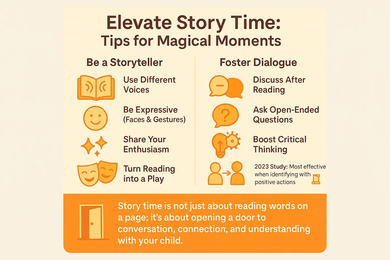 Parent and child reading together with expressive gestures and laughter