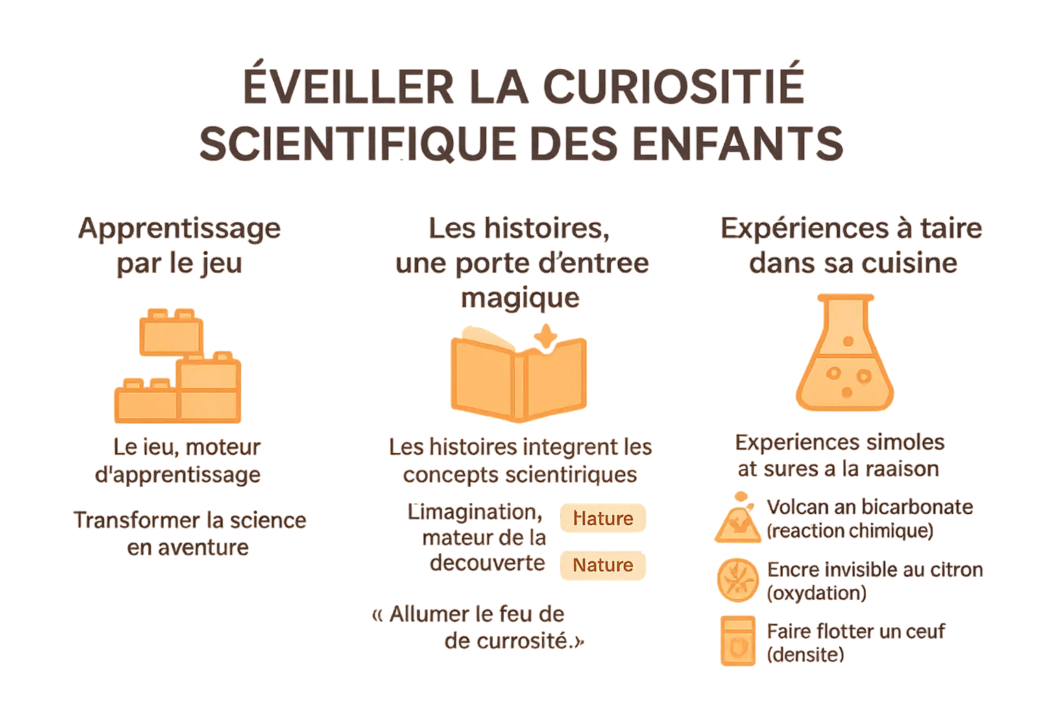 Illustration d'un enfant curieux explorant des expériences scientifiques simples avec des ingrédients de la maison, avec des éléments comme un volcan en bicarbonate, un œuf flottant dans de l'eau salée et un citron utilisé comme encre invisible. Le style est coloré, ludique et éducatif.