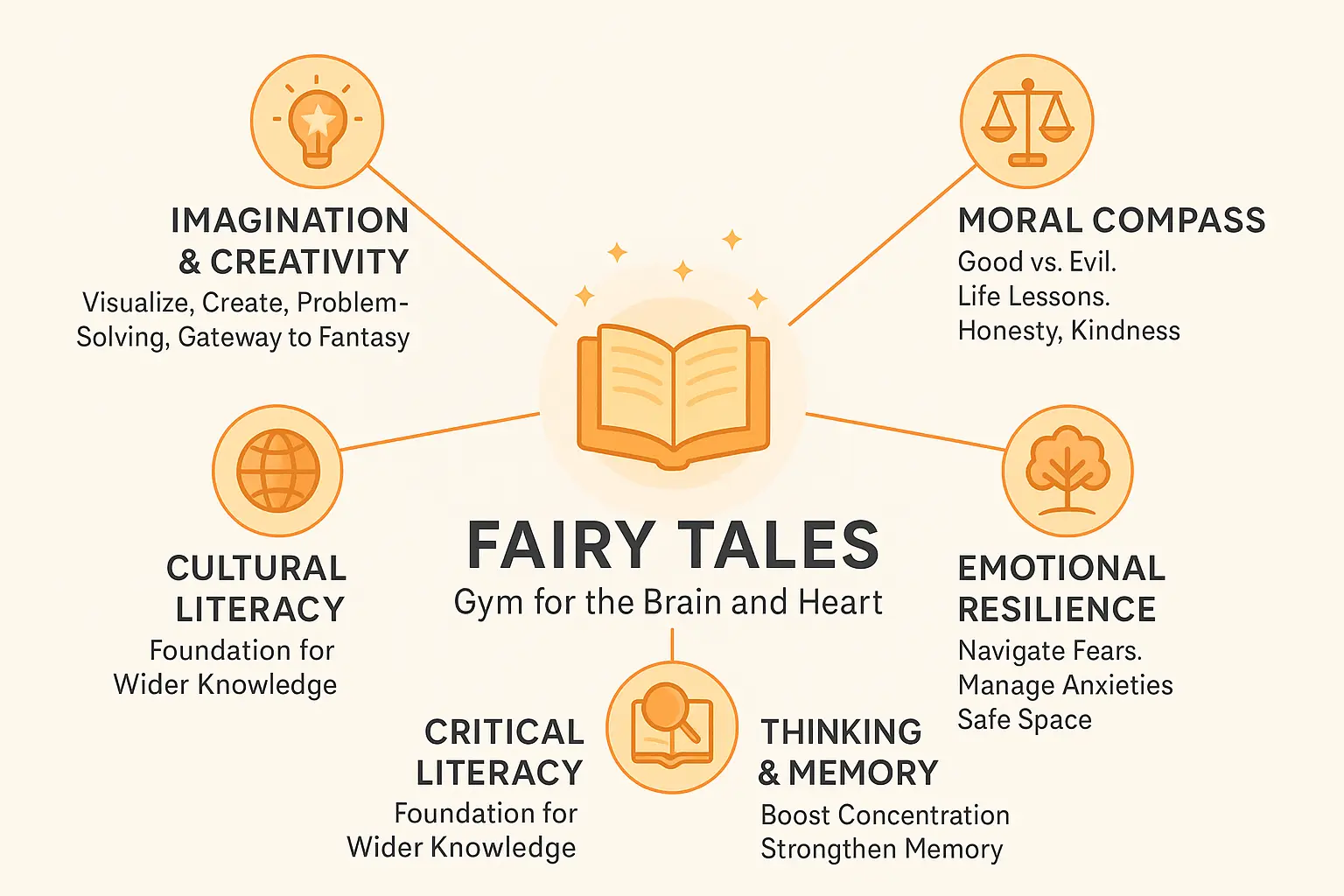 Educational visual about Fairy tales as a gym for the brain and heart related to adventure stories for kids with professional design and engaging content for parents
