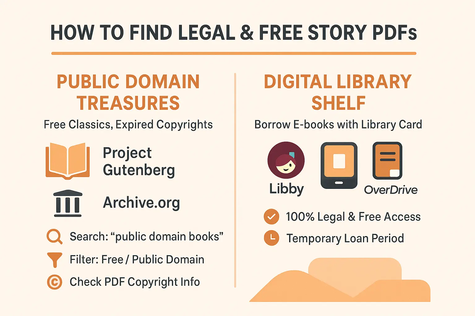 Illustration showing legal story PDF sources: public domain and library resources