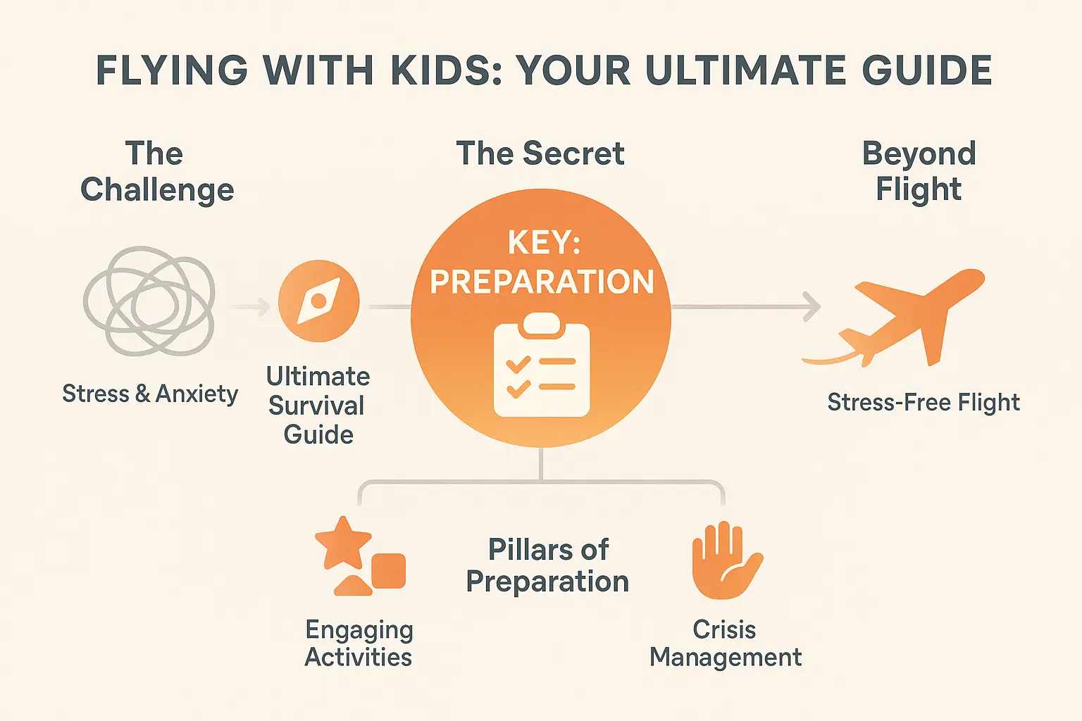 Flying with kids infographic showing activity ideas, safety tips, and packing essentials