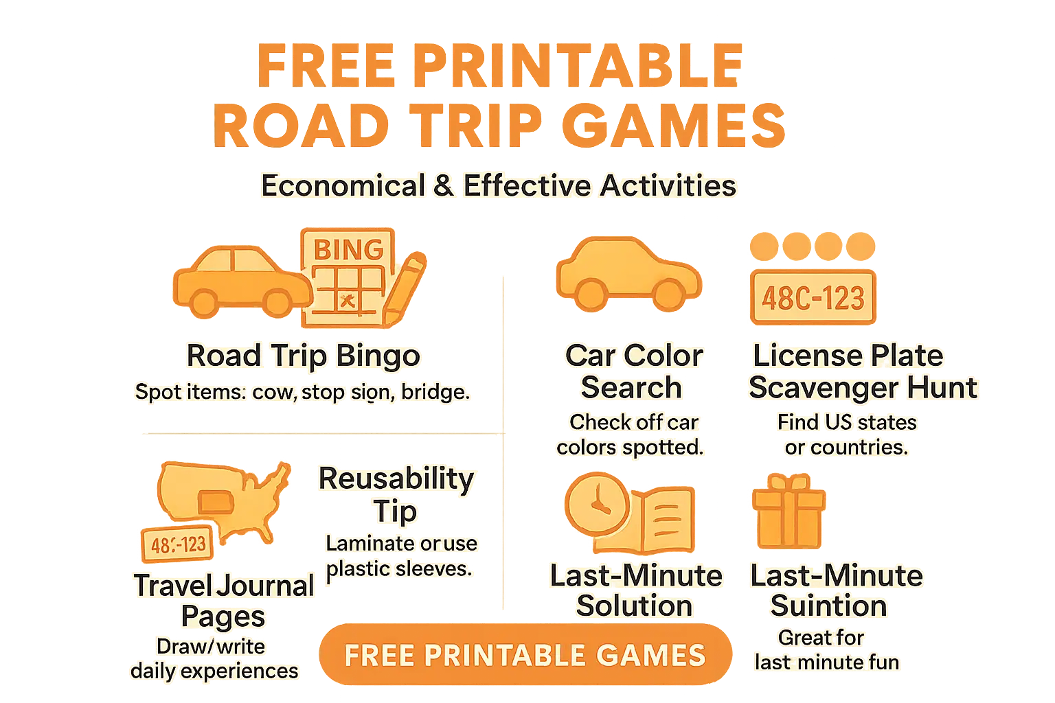 Free printable road trip games infographic showing bingo, scavenger hunts, and color search activities