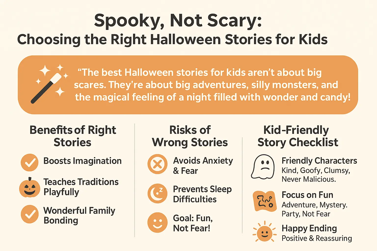 Illustration of spooky but not scary Halloween stories with friendly characters