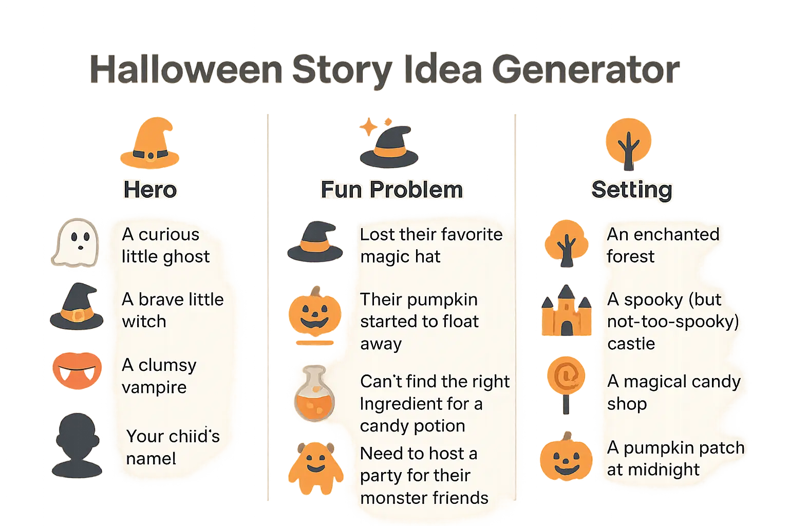 Halloween story idea generator with child's face in a witch hat