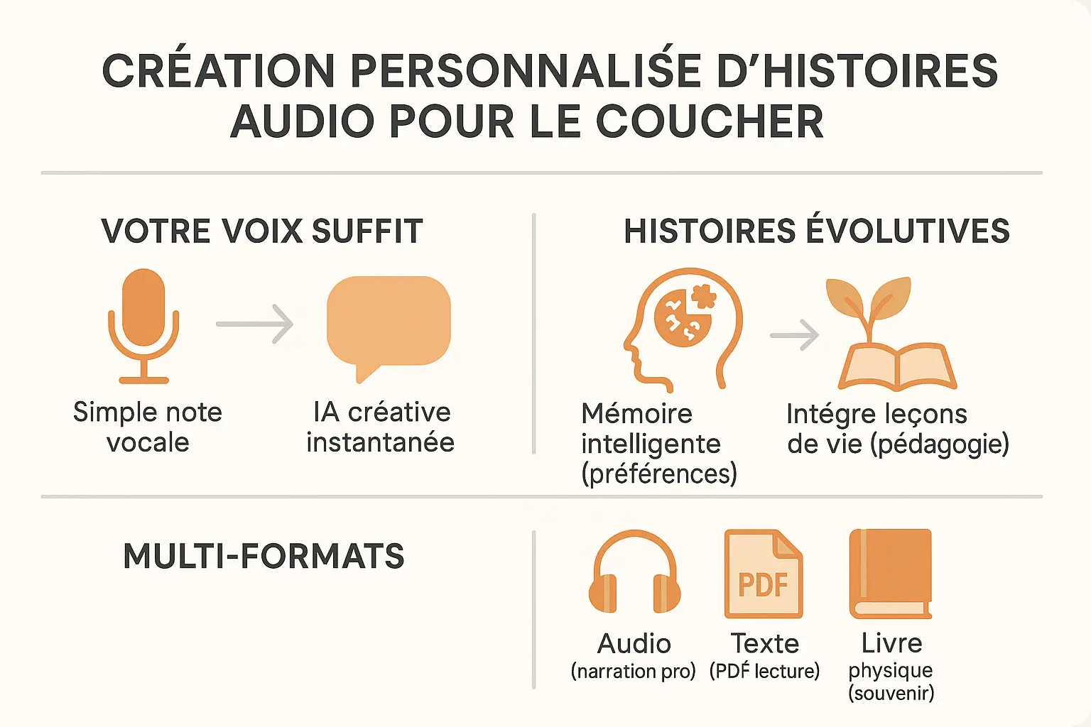 Enfant écoutant une histoire audio personnalisée avant de s'endormir