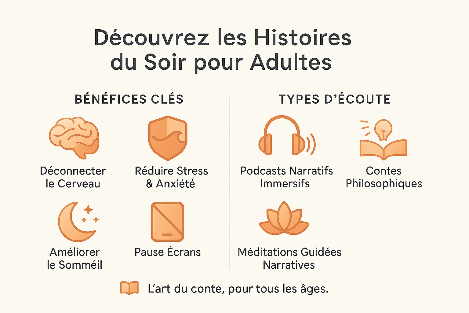 Illustration d'une personne détendue écoutant un podcast avant de dormir