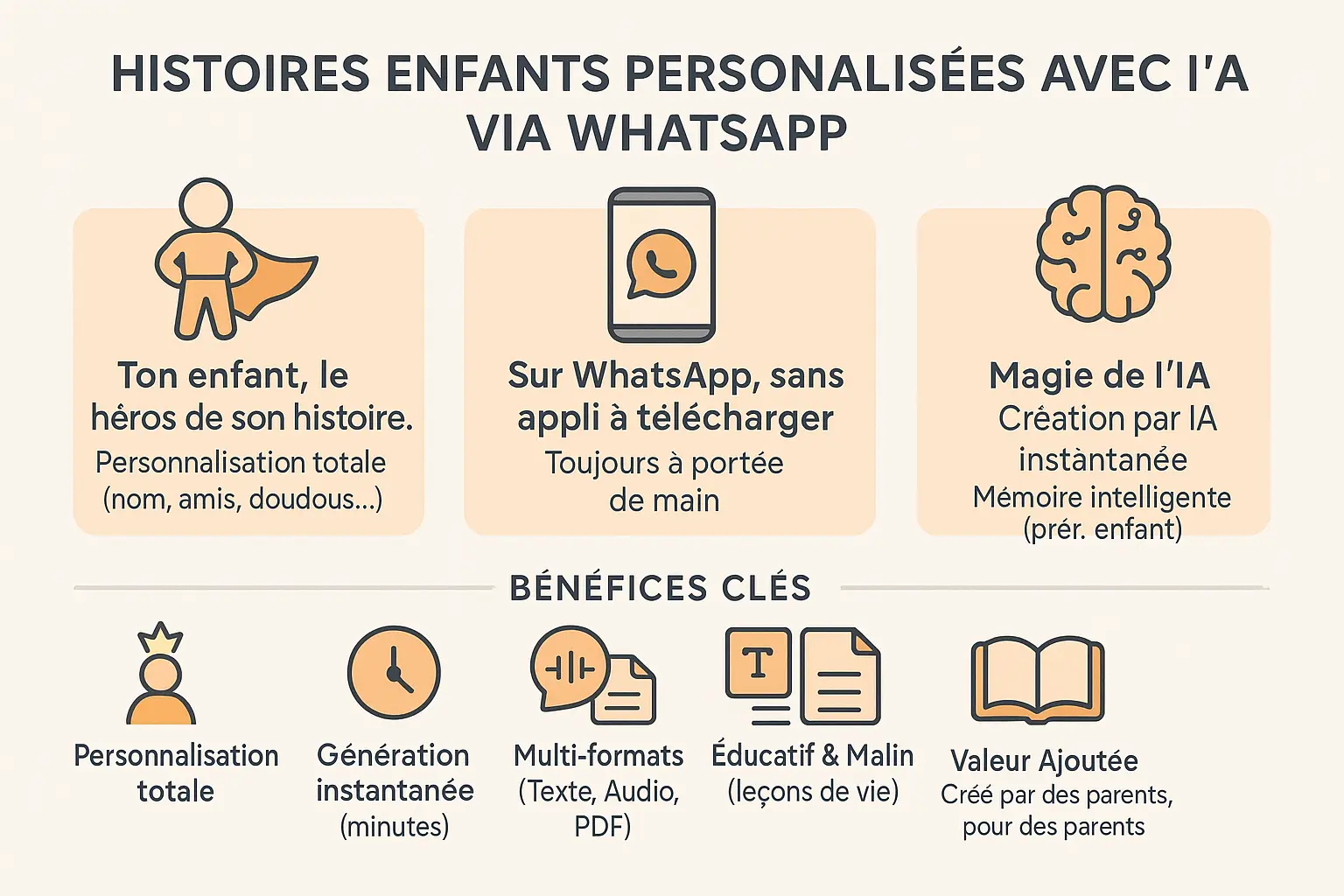 Enfant lisant une histoire personnalisée sur WhatsApp