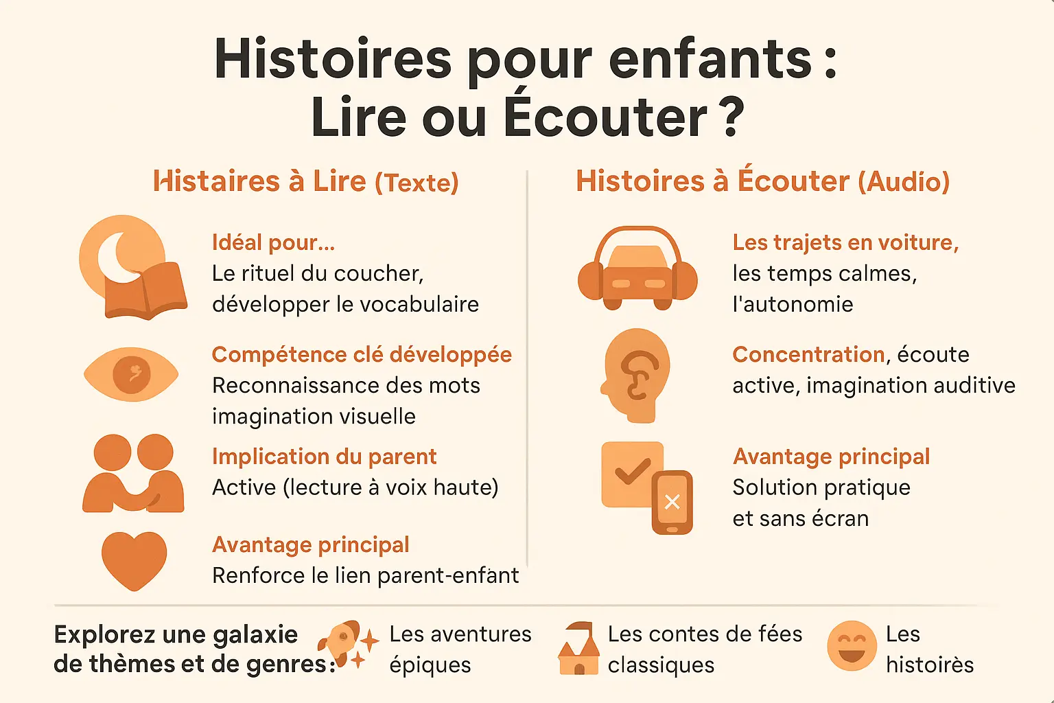 Enfant lisant un livre et écoutant une histoire audio