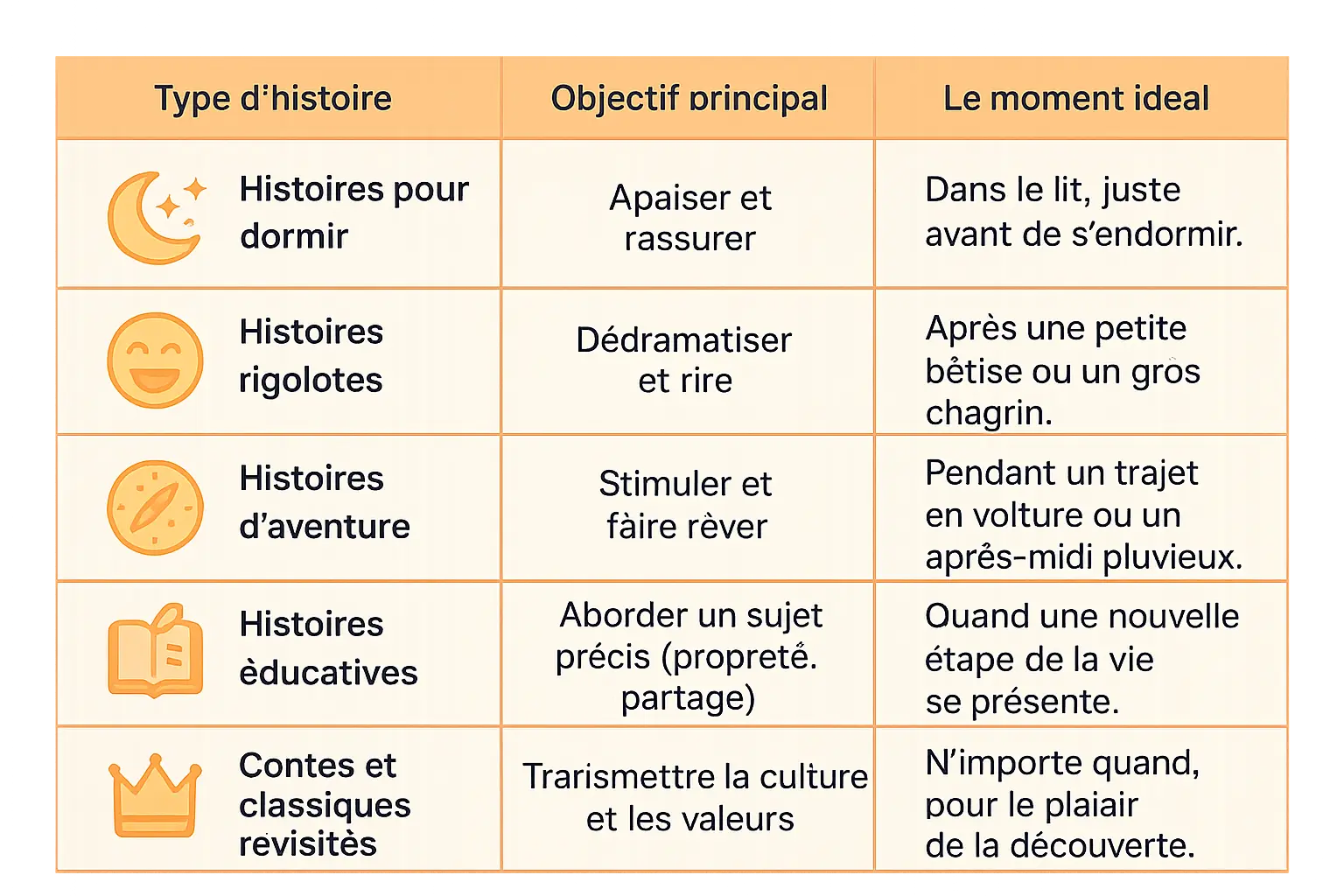 Illustration des types d'histoires pour enfants