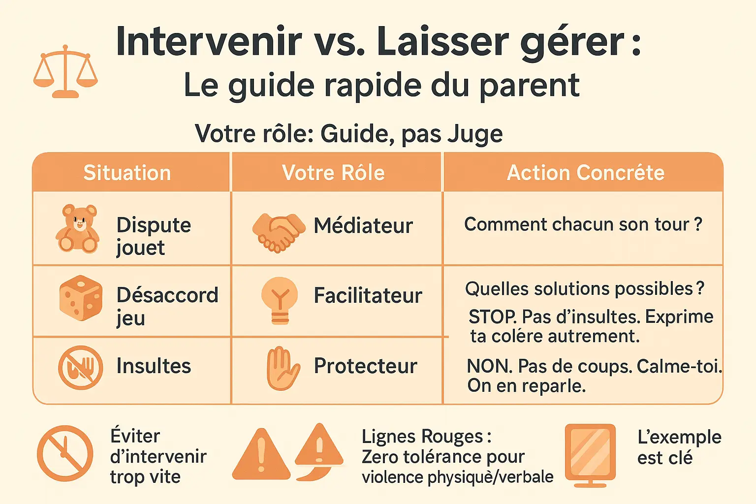 Illustration d'un parent guidant deux enfants en discussion, avec un tableau présentant des **situations et des actions concrètes**