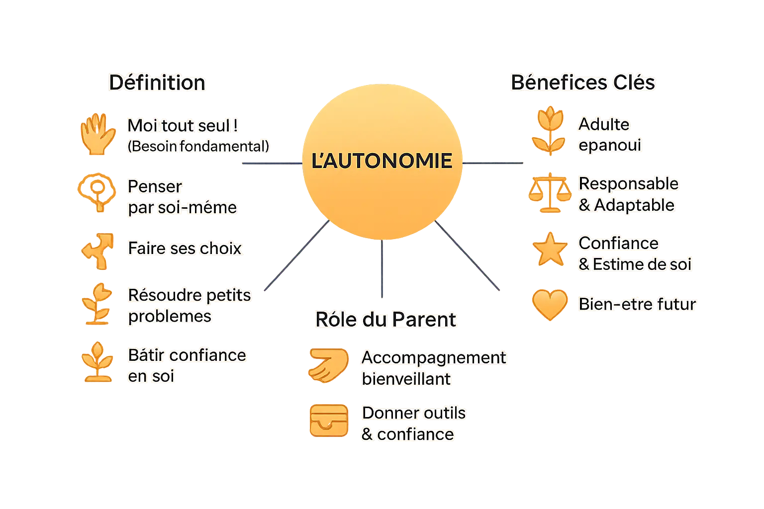 Illustration montrant un enfant épanoui en train de ranger ses jouets seul, avec un sourire fier, dans un environnement sécurisant avec des parents présents mais en retrait