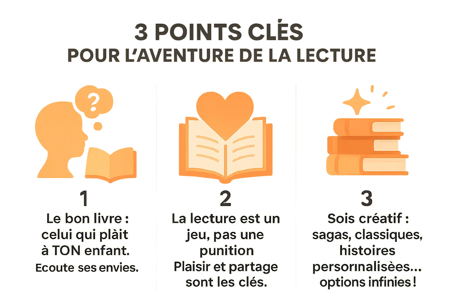 Illustration résumant les 3 points clés pour lancer l'aventure de la lecture