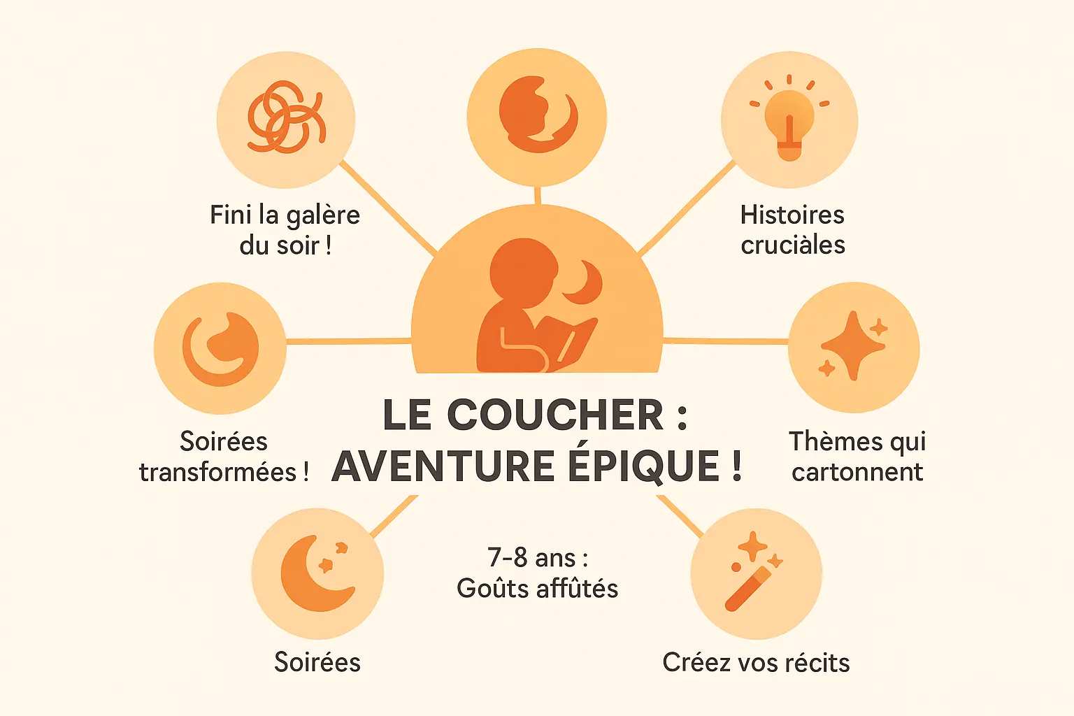 Illustration d'un enfant plongé dans un monde imaginaire à l'heure du coucher