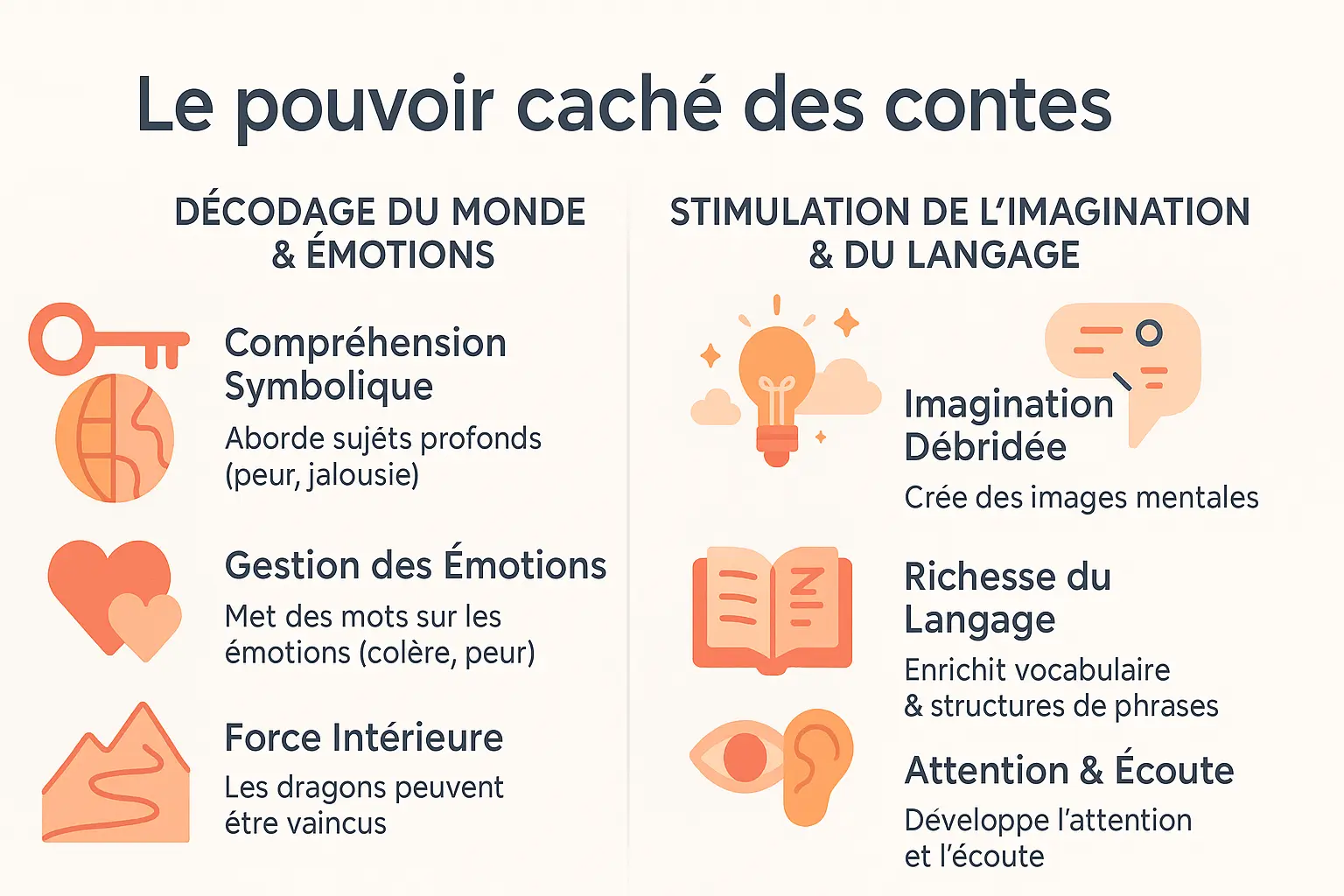 Illustration montrant un enfant plongé dans un univers imaginaire avec des personnages de contes