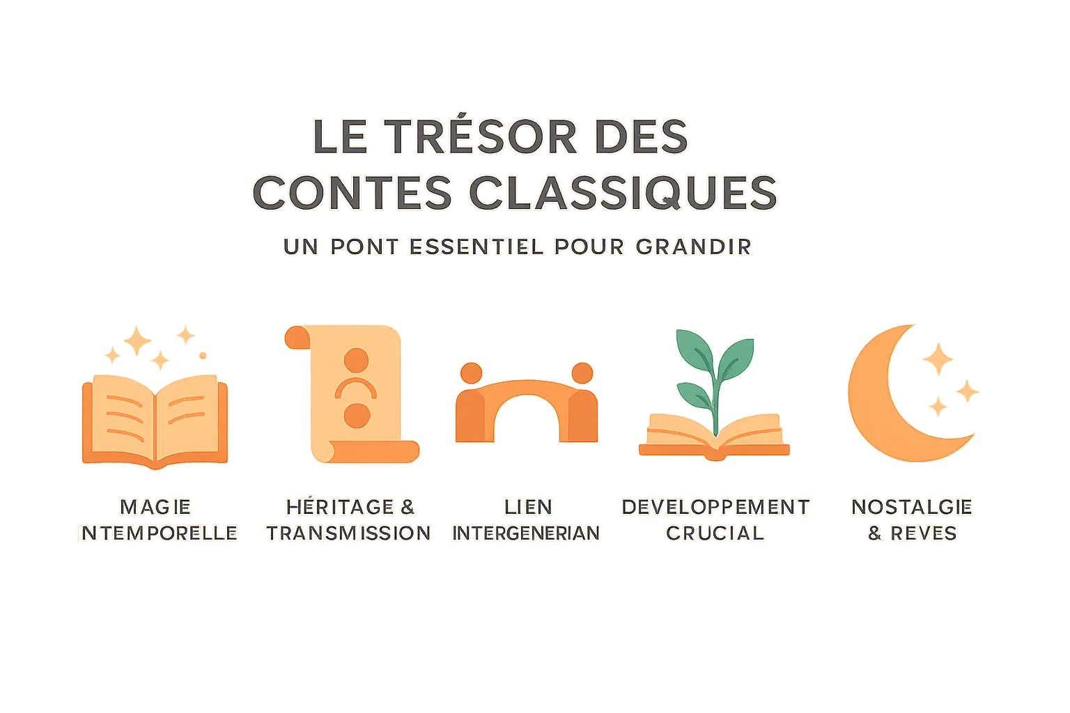 Illustration d'un enfant plongé dans un livre de contes classiques, entouré de personnages emblématiques