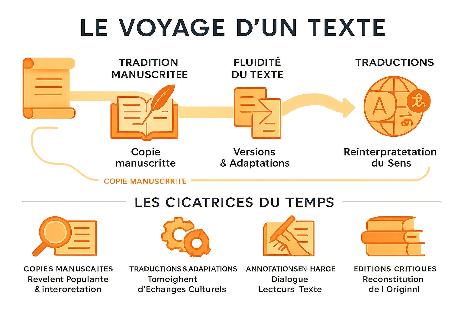 Illustration du voyage d'un texte à travers le temps