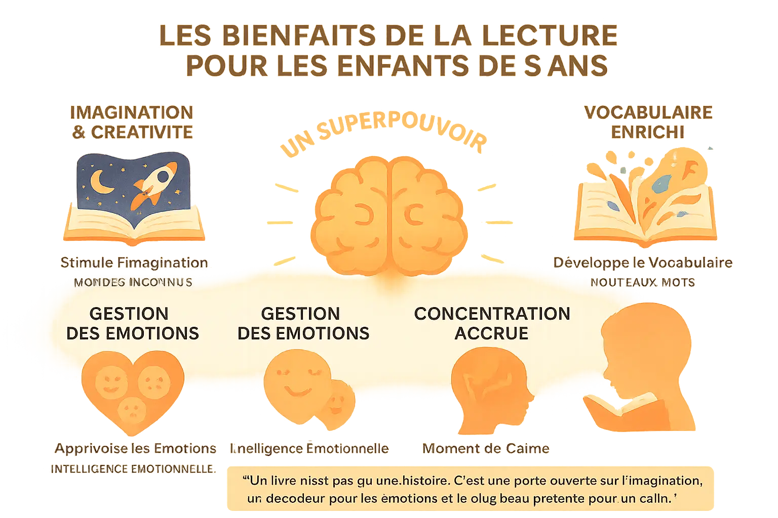 Un enfant de 5 ans plongé dans un livre, entouré d'illustrations colorées représentant des animaux et paysages imaginaires